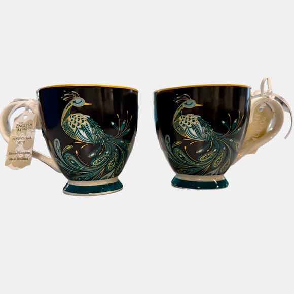 English Mug Co. Other - Peacock Pattern Teal and Gold Ceramic Mugs - Set of 2